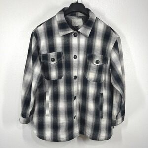 Lucky Brand Plaid‎ Shirt Jacket Cotton Button Front Shacket Black White Large